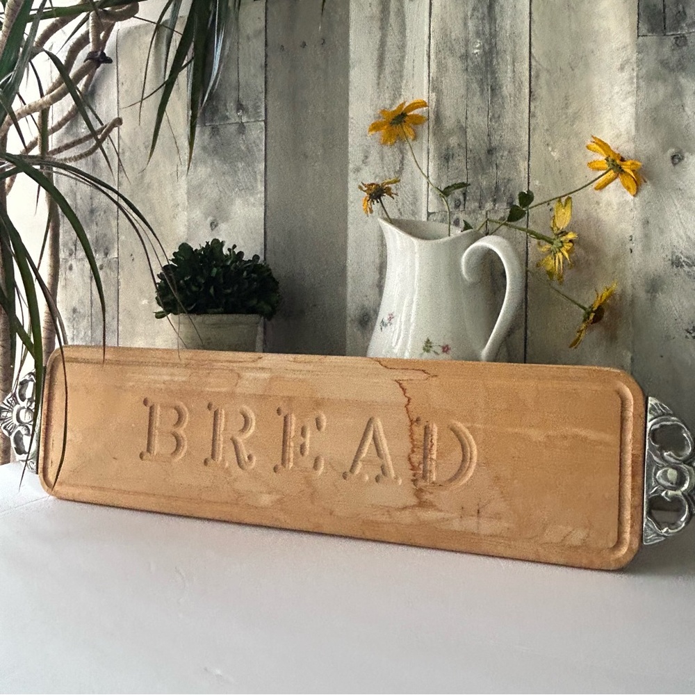 🌴Cottagecore Wooden Bread Cutting Board with Ornate Silver Metal Handles